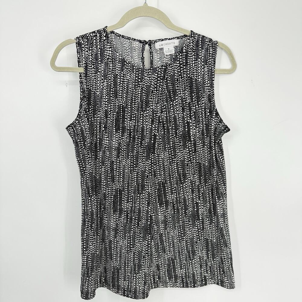 Liz Claiborne Sleeveless Top Small Black White Geo Print Stretch Knit - Picture 8 of 11